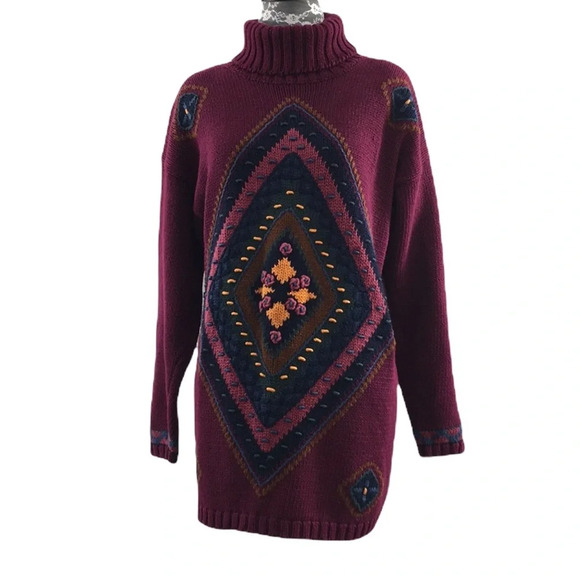 Pasta Vintage Maroon Chunky Knit Turtleneck Sweater Womens Medium Diamond Floral - Picture 1 of 12